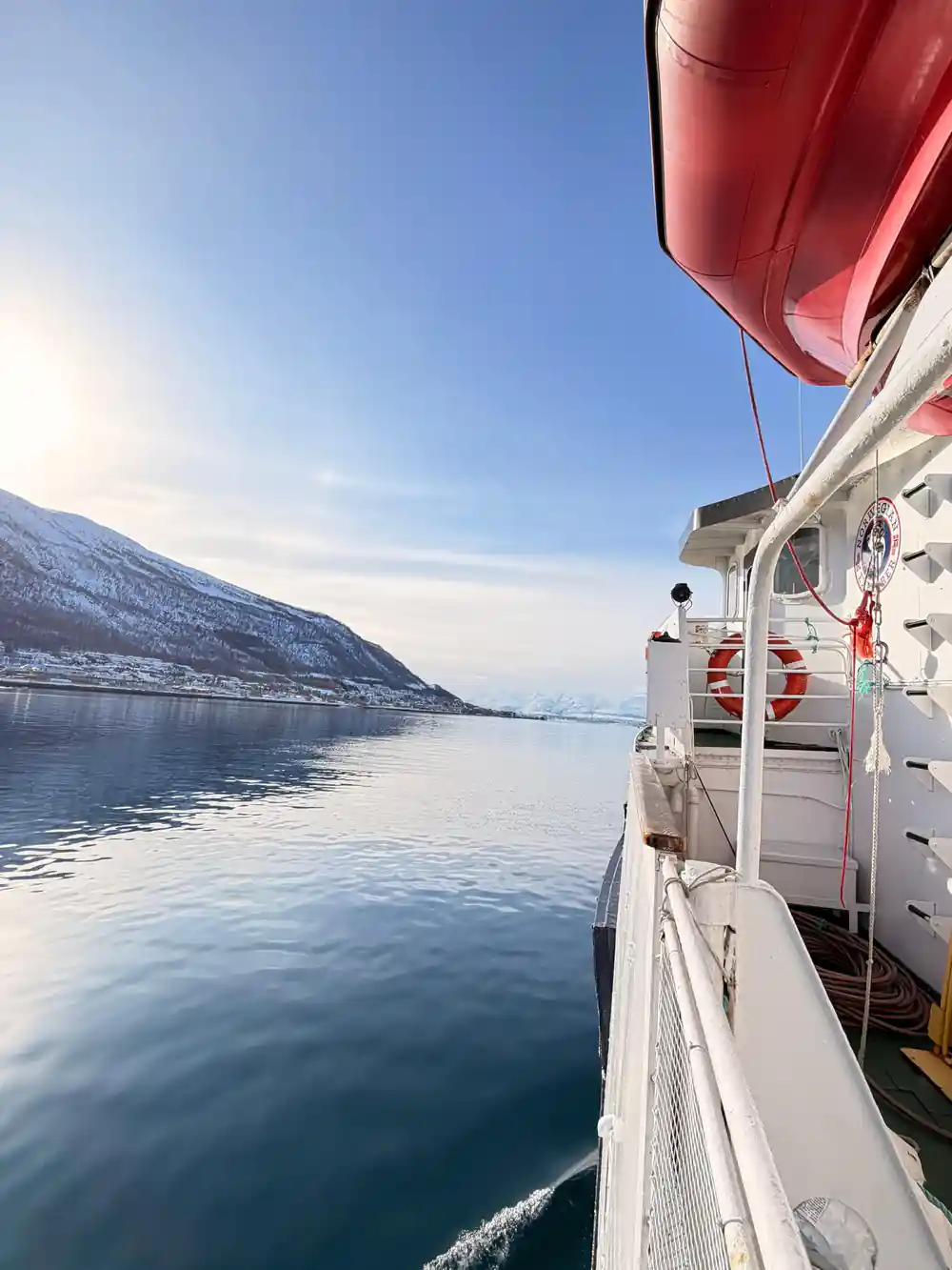 The bow and rail of the vessel against a bright winter fjord