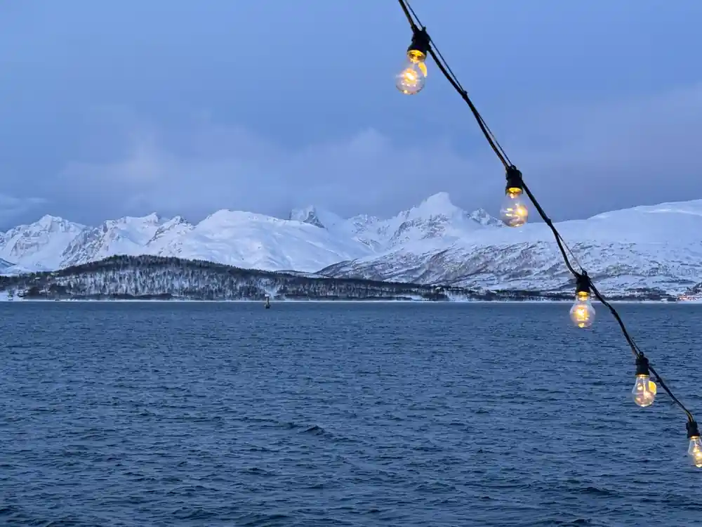 Deck lights strung above the water with snowy peaks beyond