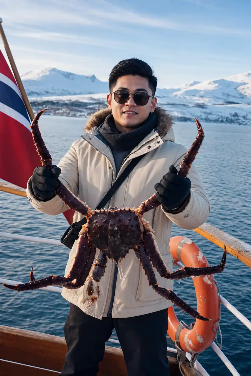 Guest in a red jacket holding a crab up beside the Norwegian flag