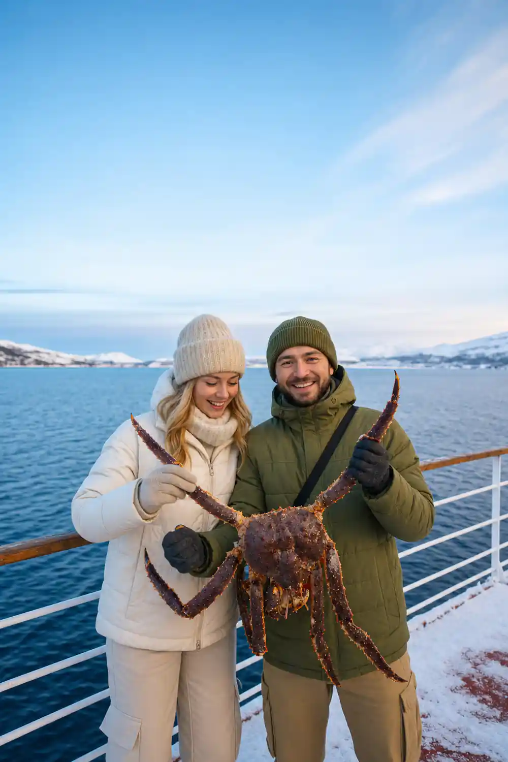 Two guests laughing as they hold a crab on the open deck